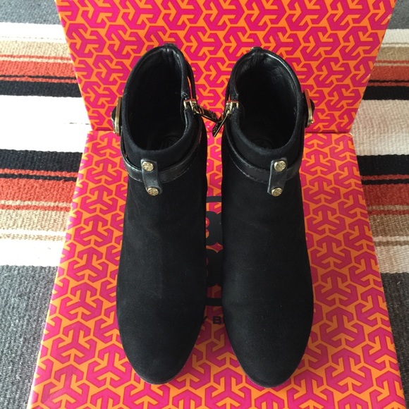 Tory Burch Black Suede Patricia Mid Heel Bootie - Picture 3 of 8